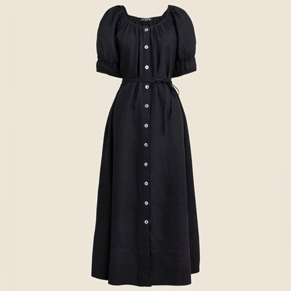 J.Crew 100% Linen Tunic Midi Dress Black Short Button Up Size XS Side Pockets - Picture 2 of 9